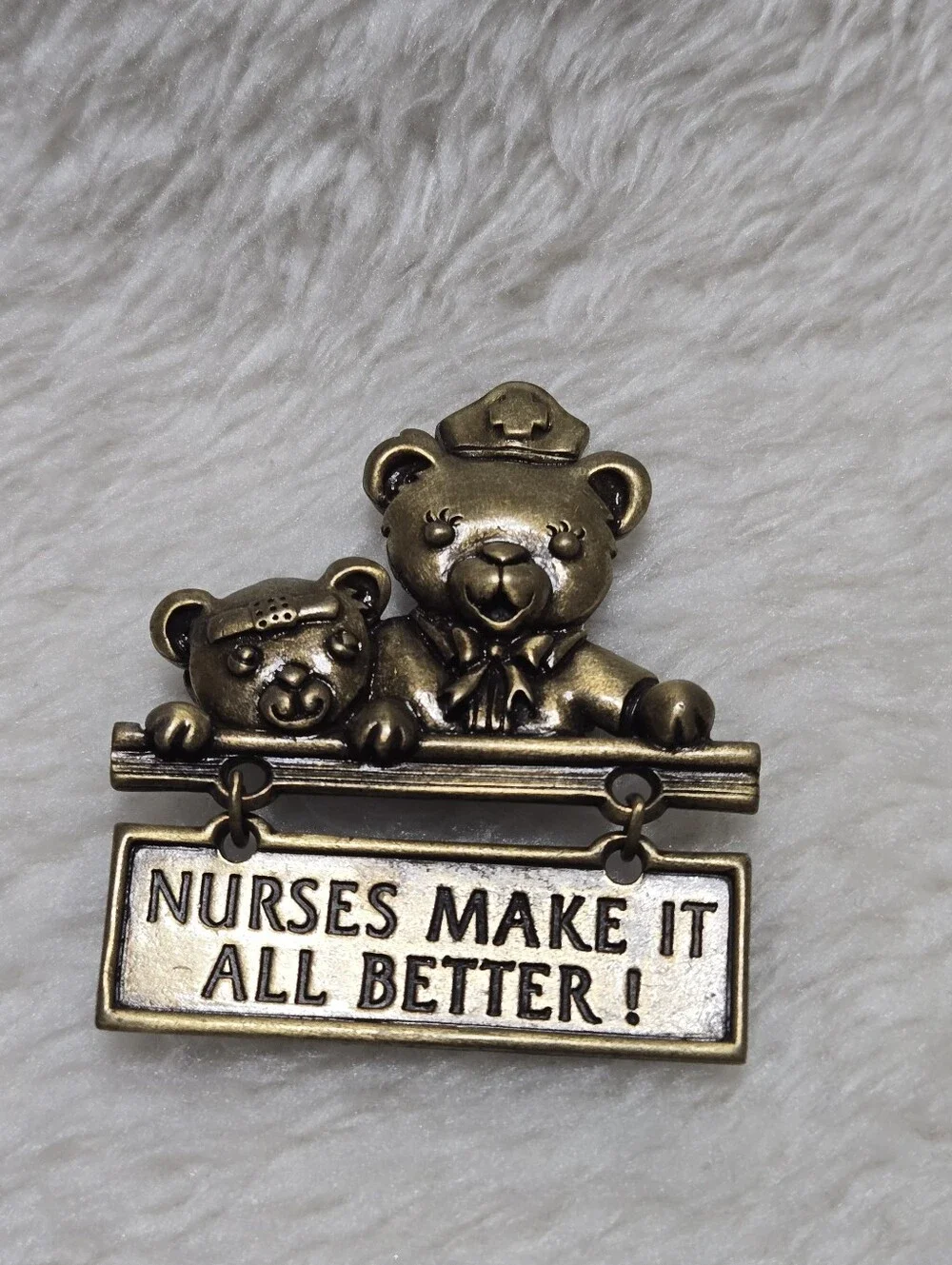 Nurses Make It All Better Bears Vintage Pewter Pin Brooch Signed JJ